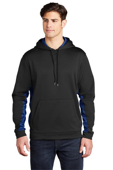Sport-Tek ST239 Mens Sport-Wick CamoHex Moisture Wicking Fleece Hooded Sweatshirt Hoodie w/ Pouch Pocket Black/True Royal Blue Model Front