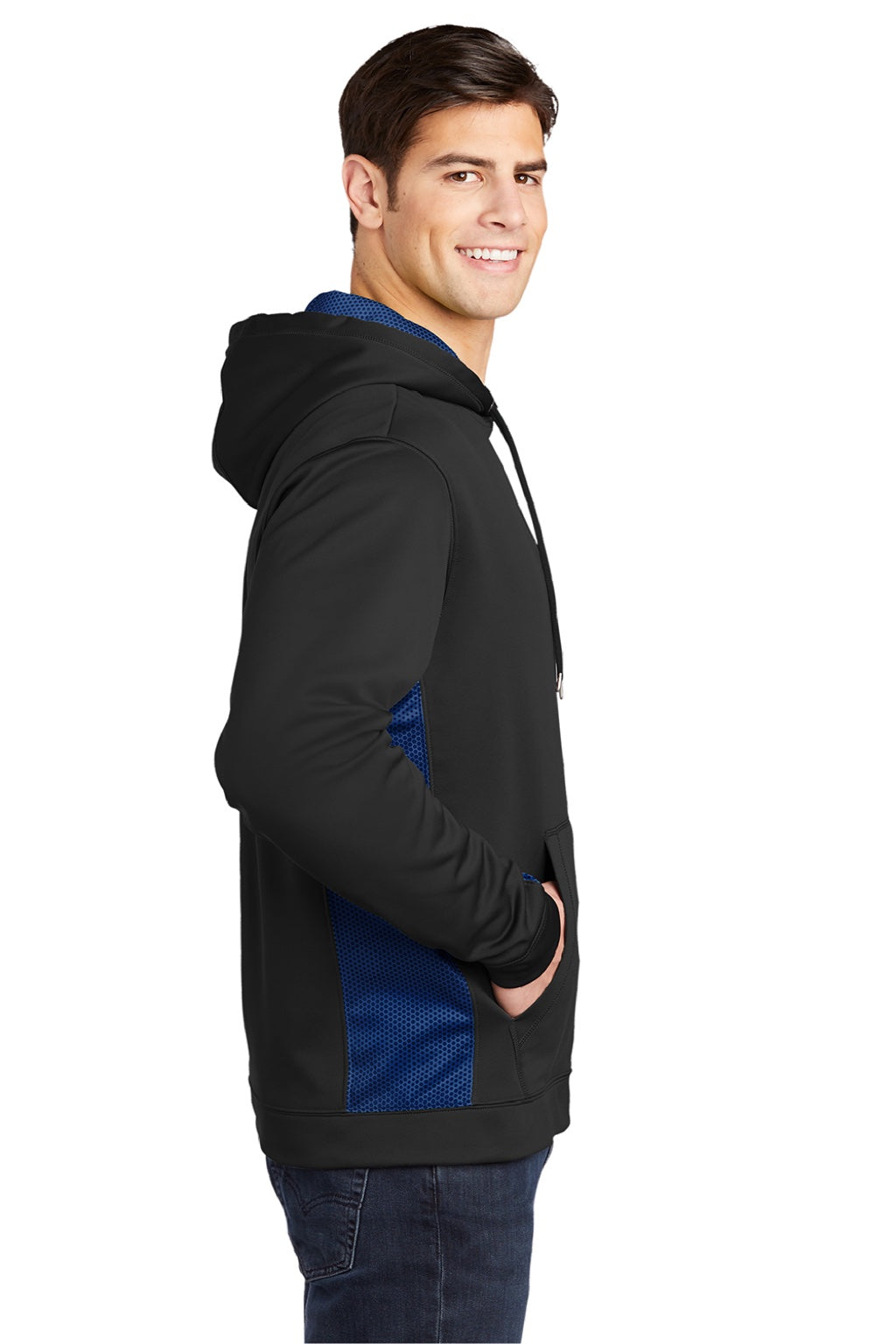Sport-Tek ST239 Mens Sport-Wick CamoHex Moisture Wicking Fleece Hooded Sweatshirt Hoodie w/ Pouch Pocket Black/True Royal Blue Model Side