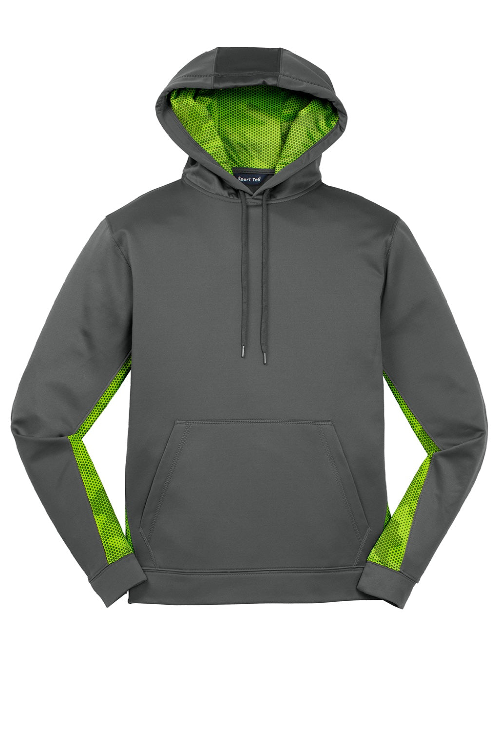 Sport-Tek ST239 Mens Sport-Wick CamoHex Moisture Wicking Fleece Hooded Sweatshirt Hoodie w/ Pouch Pocket Dark Smoke Grey/Lime Shock Green Flat Front