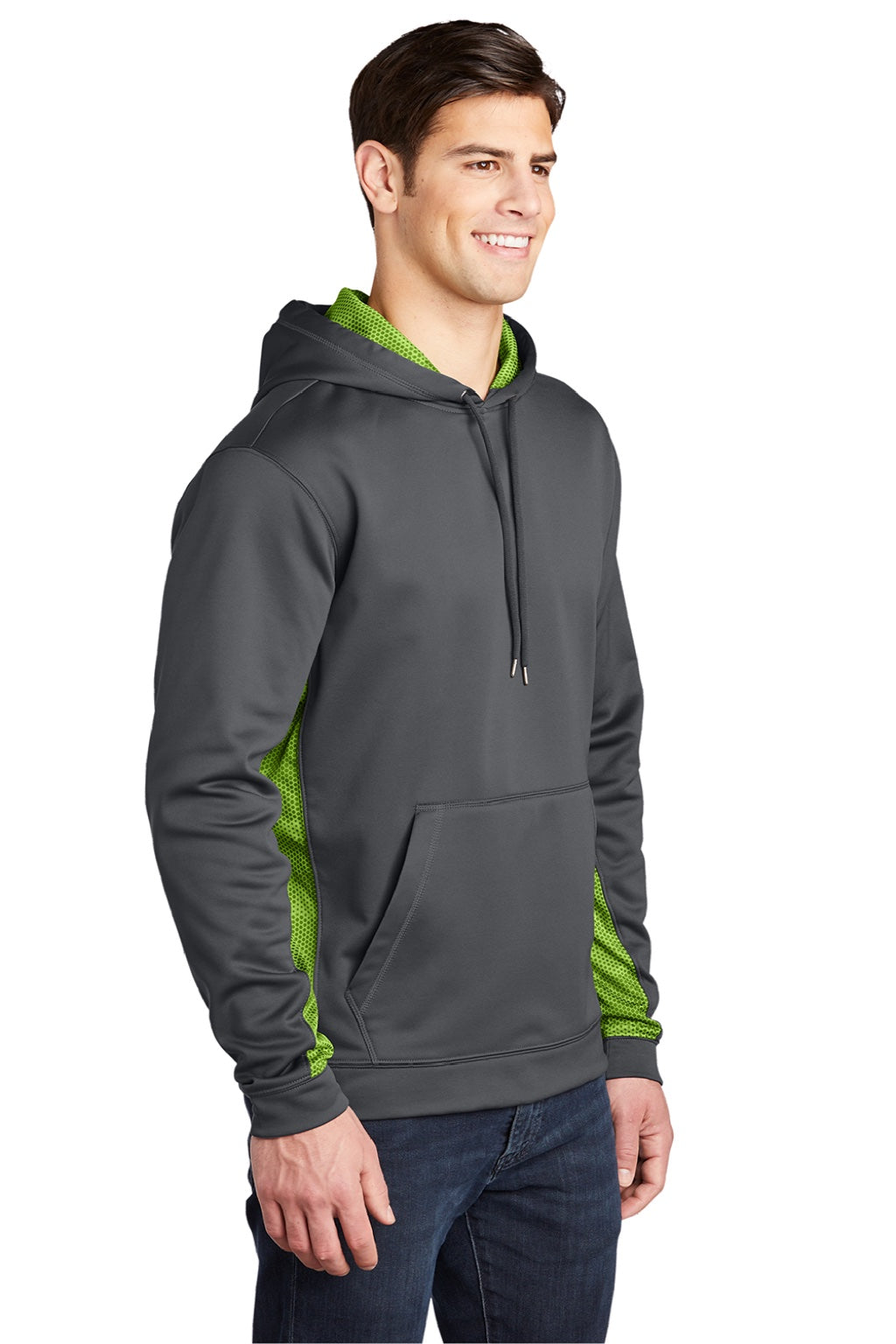 Sport-Tek ST239 Mens Sport-Wick CamoHex Moisture Wicking Fleece Hooded Sweatshirt Hoodie w/ Pouch Pocket Dark Smoke Grey/Lime Shock Green Model 3q