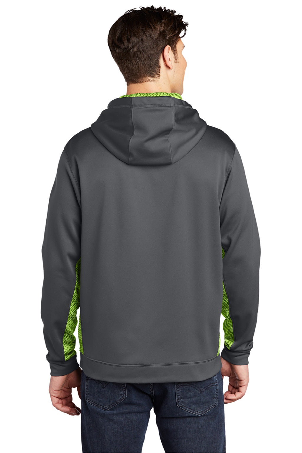 Sport-Tek ST239 Mens Sport-Wick CamoHex Moisture Wicking Fleece Hooded Sweatshirt Hoodie w/ Pouch Pocket Dark Smoke Grey/Lime Shock Green Model Back