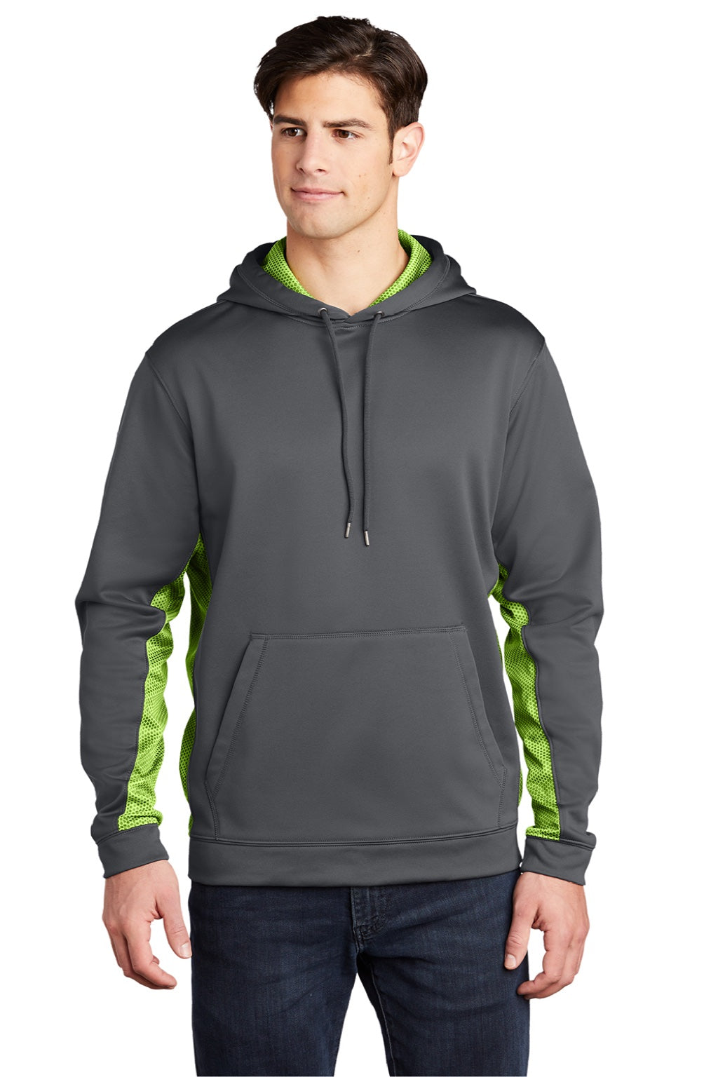 Sport-Tek ST239 Mens Sport-Wick CamoHex Moisture Wicking Fleece Hooded Sweatshirt Hoodie w/ Pouch Pocket Dark Smoke Grey/Lime Shock Green Model Front