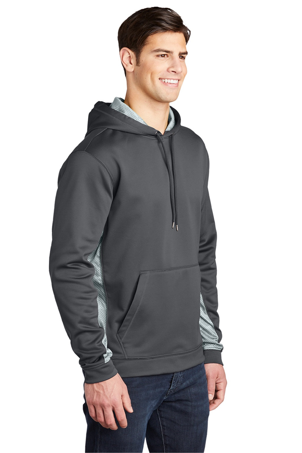 Sport-Tek ST239 Mens Sport-Wick CamoHex Moisture Wicking Fleece Hooded Sweatshirt Hoodie w/ Pouch Pocket Dark Smoke Grey/White Model 3q