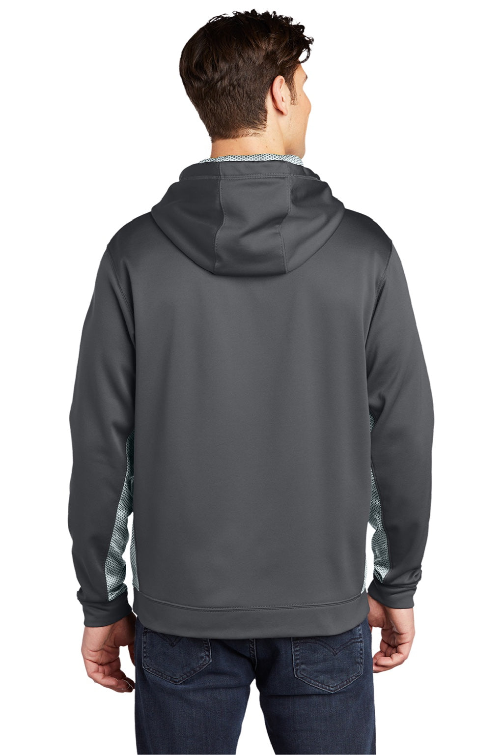 Sport-Tek ST239 Mens Sport-Wick CamoHex Moisture Wicking Fleece Hooded Sweatshirt Hoodie w/ Pouch Pocket Dark Smoke Grey/White Model Back
