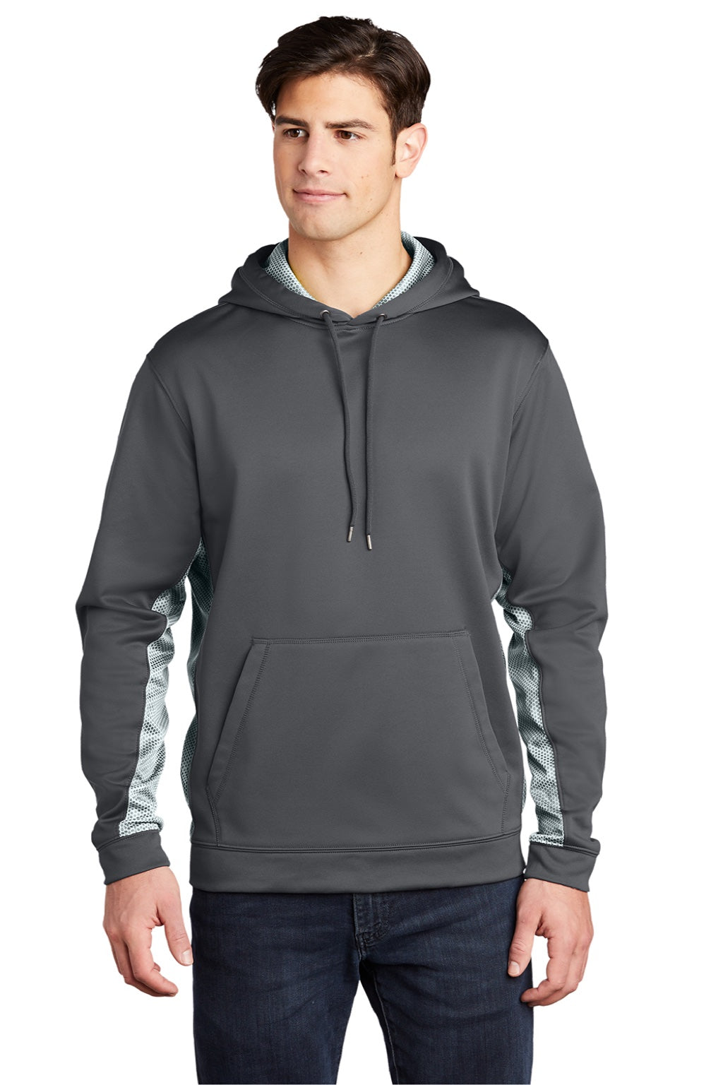 Sport-Tek ST239 Mens Sport-Wick CamoHex Moisture Wicking Fleece Hooded Sweatshirt Hoodie w/ Pouch Pocket Dark Smoke Grey/White Model Front