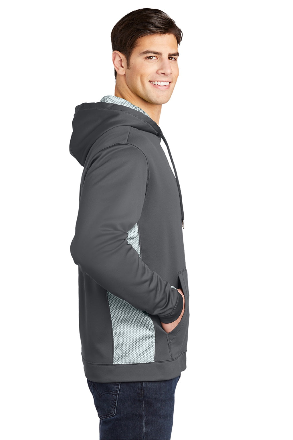 Sport-Tek ST239 Mens Sport-Wick CamoHex Moisture Wicking Fleece Hooded Sweatshirt Hoodie w/ Pouch Pocket Dark Smoke Grey/White Model Side