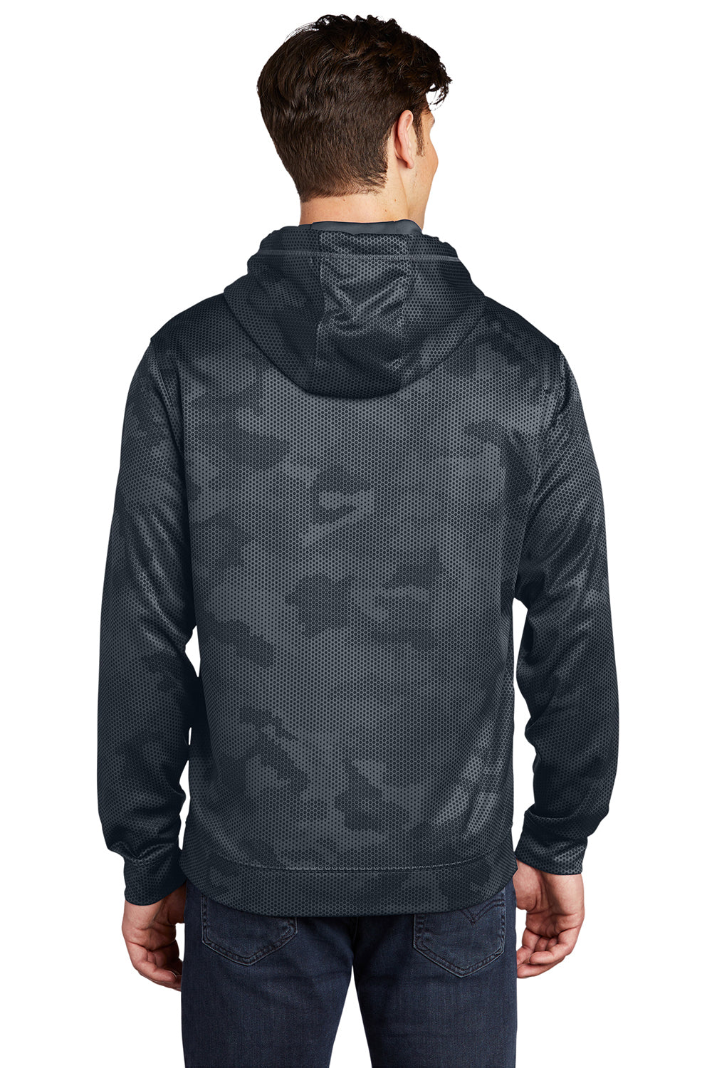 Sport-Tek ST240 Mens Sport-Wick CamoHex Moisture Wicking Fleece Hooded Sweatshirt Hoodie w/ Pouch Pocket Dark Smoke Grey Model Back