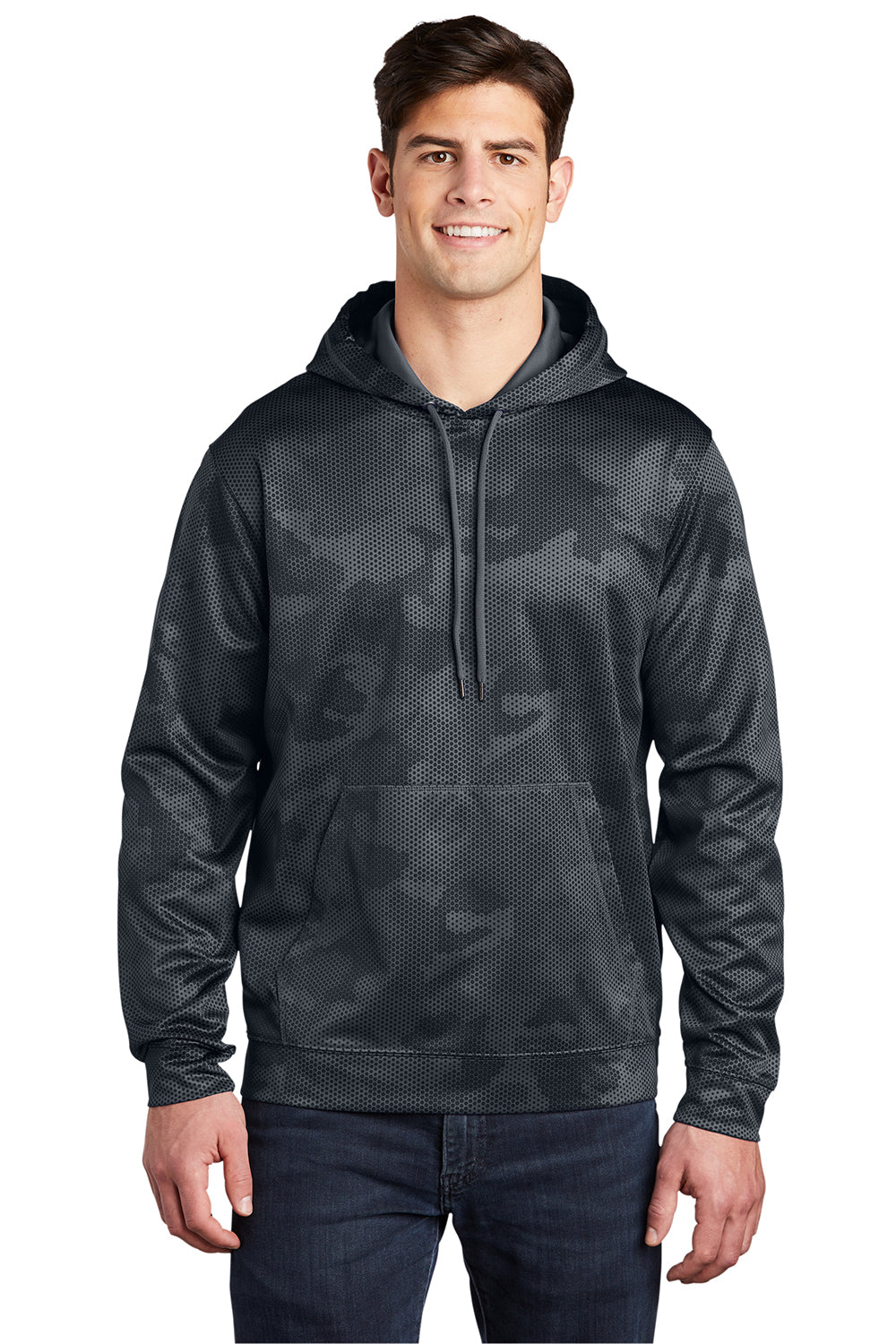 Sport-Tek ST240 Mens Sport-Wick CamoHex Moisture Wicking Fleece Hooded Sweatshirt Hoodie w/ Pouch Pocket Dark Smoke Grey Model Front
