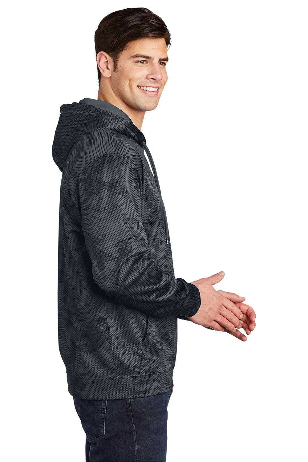 Sport-Tek ST240 Mens Sport-Wick CamoHex Moisture Wicking Fleece Hooded Sweatshirt Hoodie w/ Pouch Pocket Dark Smoke Grey Model Side