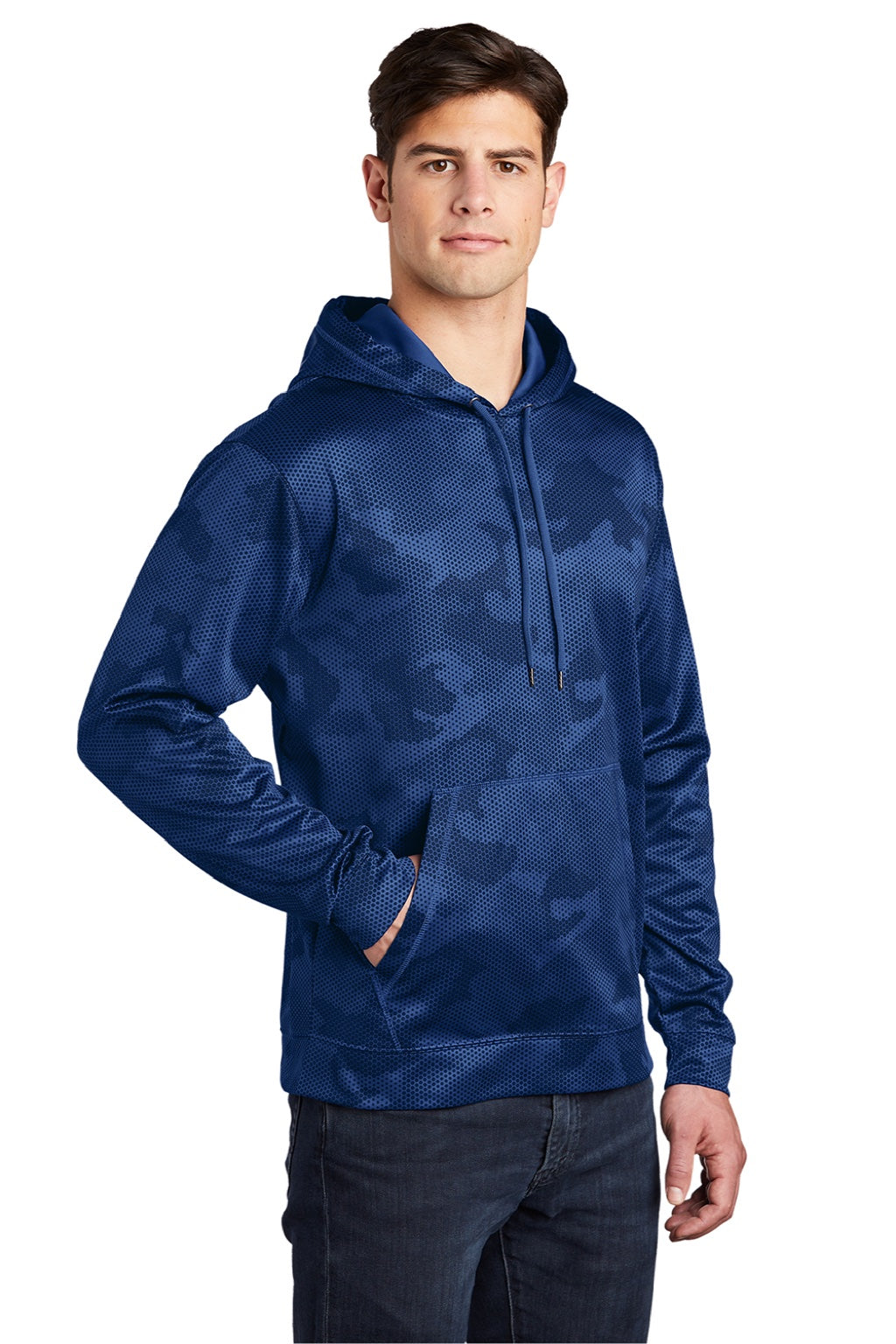 Sport-Tek ST240 Mens Sport-Wick CamoHex Moisture Wicking Fleece Hooded Sweatshirt Hoodie w/ Pouch Pocket True Royal Blue Model 3q