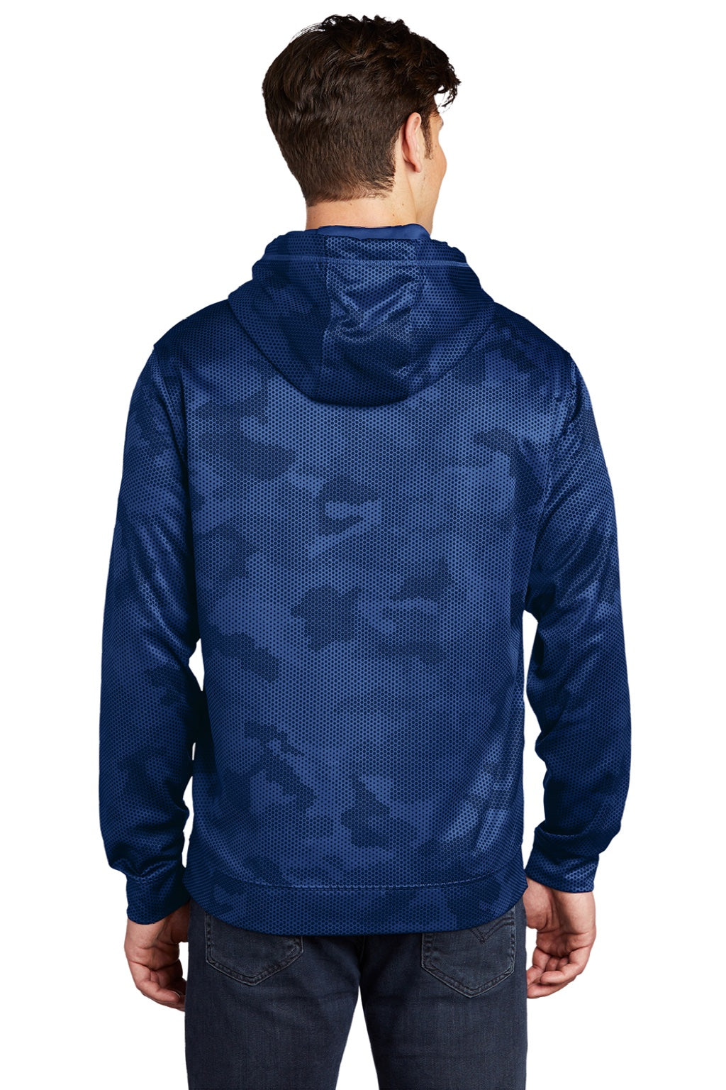 Sport-Tek ST240 Mens Sport-Wick CamoHex Moisture Wicking Fleece Hooded Sweatshirt Hoodie w/ Pouch Pocket True Royal Blue Model Back