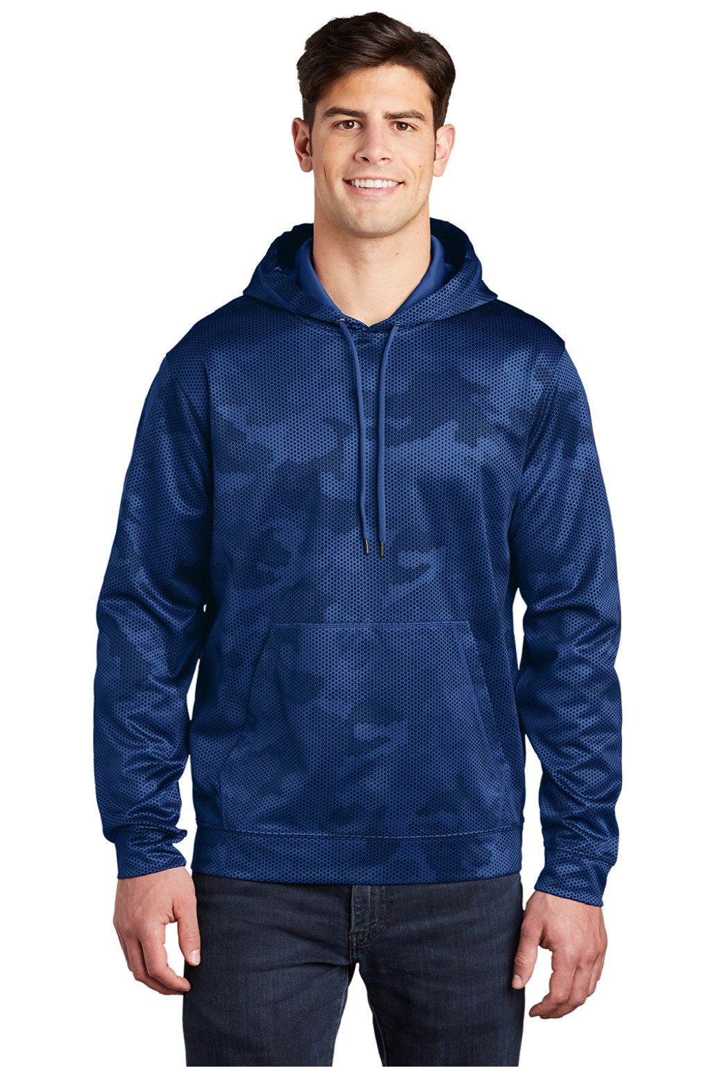 Sport-Tek ST240 Mens Sport-Wick CamoHex Moisture Wicking Fleece Hooded Sweatshirt Hoodie w/ Pouch Pocket True Royal Blue Model Front