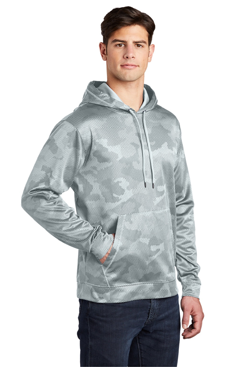 Sport-Tek ST240 Mens Sport-Wick CamoHex Moisture Wicking Fleece Hooded Sweatshirt Hoodie w/ Pouch Pocket White Model 3q