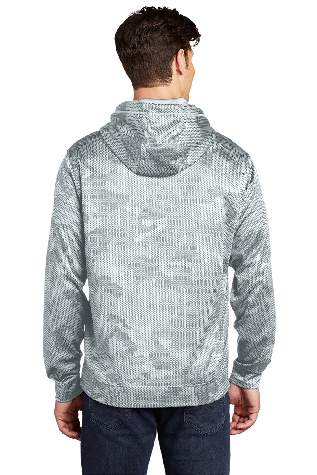 Sport-Tek ST240 Mens Sport-Wick CamoHex Moisture Wicking Fleece Hooded Sweatshirt Hoodie w/ Pouch Pocket White Model Back
