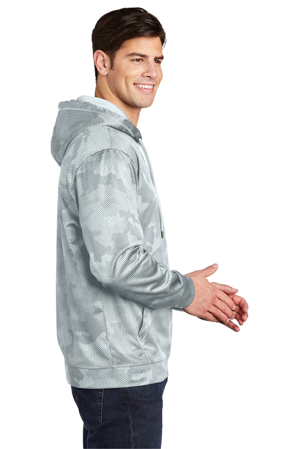Sport-Tek ST240 Mens Sport-Wick CamoHex Moisture Wicking Fleece Hooded Sweatshirt Hoodie w/ Pouch Pocket White Model Side