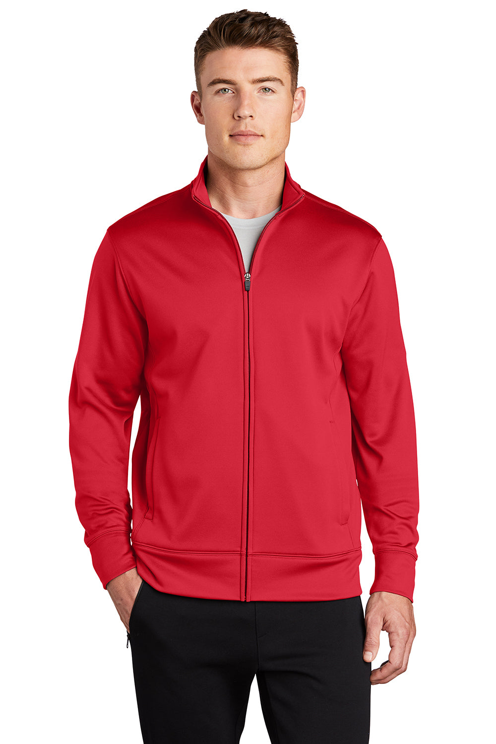 Sport-Tek ST241 Mens Sport-Wick Moisture Wicking Fleece Full Zip Sweatshirt w/ Pockets Deep Red Model Front
