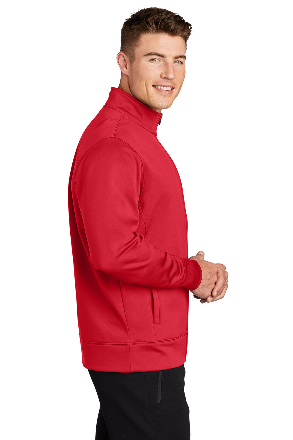 Sport-Tek ST241 Mens Sport-Wick Moisture Wicking Fleece Full Zip Sweatshirt w/ Pockets Deep Red Model Side
