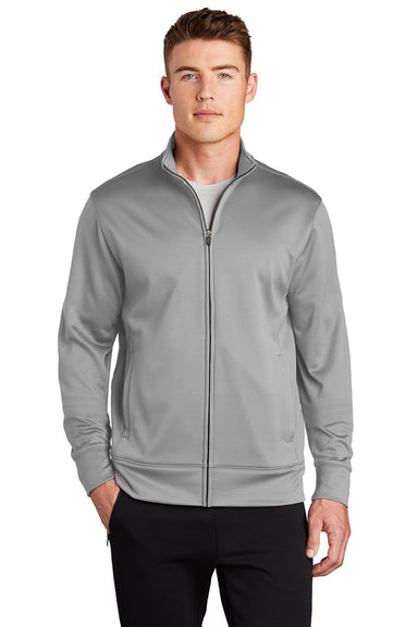 Sport-Tek ST241 Mens Sport-Wick Moisture Wicking Fleece Full Zip Sweatshirt w/ Pockets Silver Grey Model Front