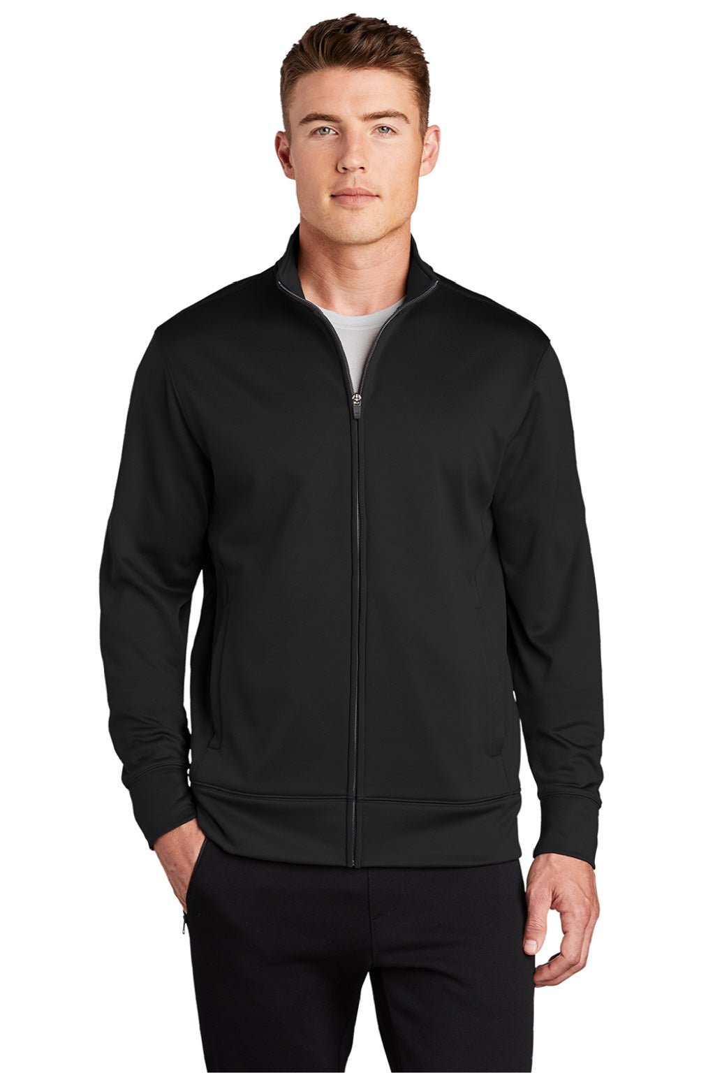 Sport-Tek ST241 Mens Sport-Wick Moisture Wicking Fleece Full Zip Sweatshirt w/ Pockets Black Model Front