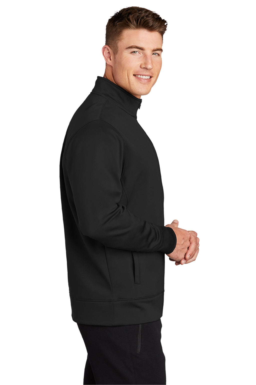 Sport-Tek ST241 Mens Sport-Wick Moisture Wicking Fleece Full Zip Sweatshirt w/ Pockets Black Model Side