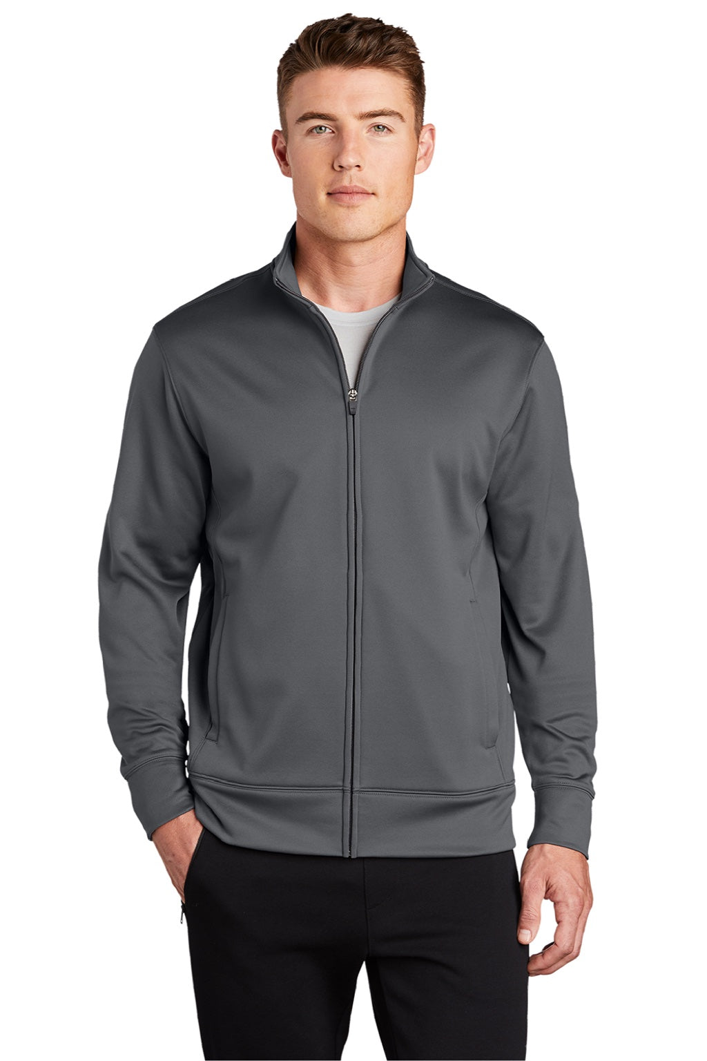 Sport-Tek ST241 Mens Sport-Wick Moisture Wicking Fleece Full Zip Sweatshirt w/ Pockets Dark Smoke Grey Model Front