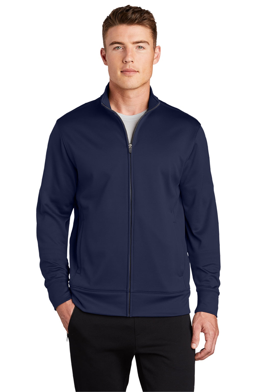 Sport-Tek ST241 Mens Sport-Wick Moisture Wicking Fleece Full Zip Sweatshirt w/ Pockets Navy Blue Model Front