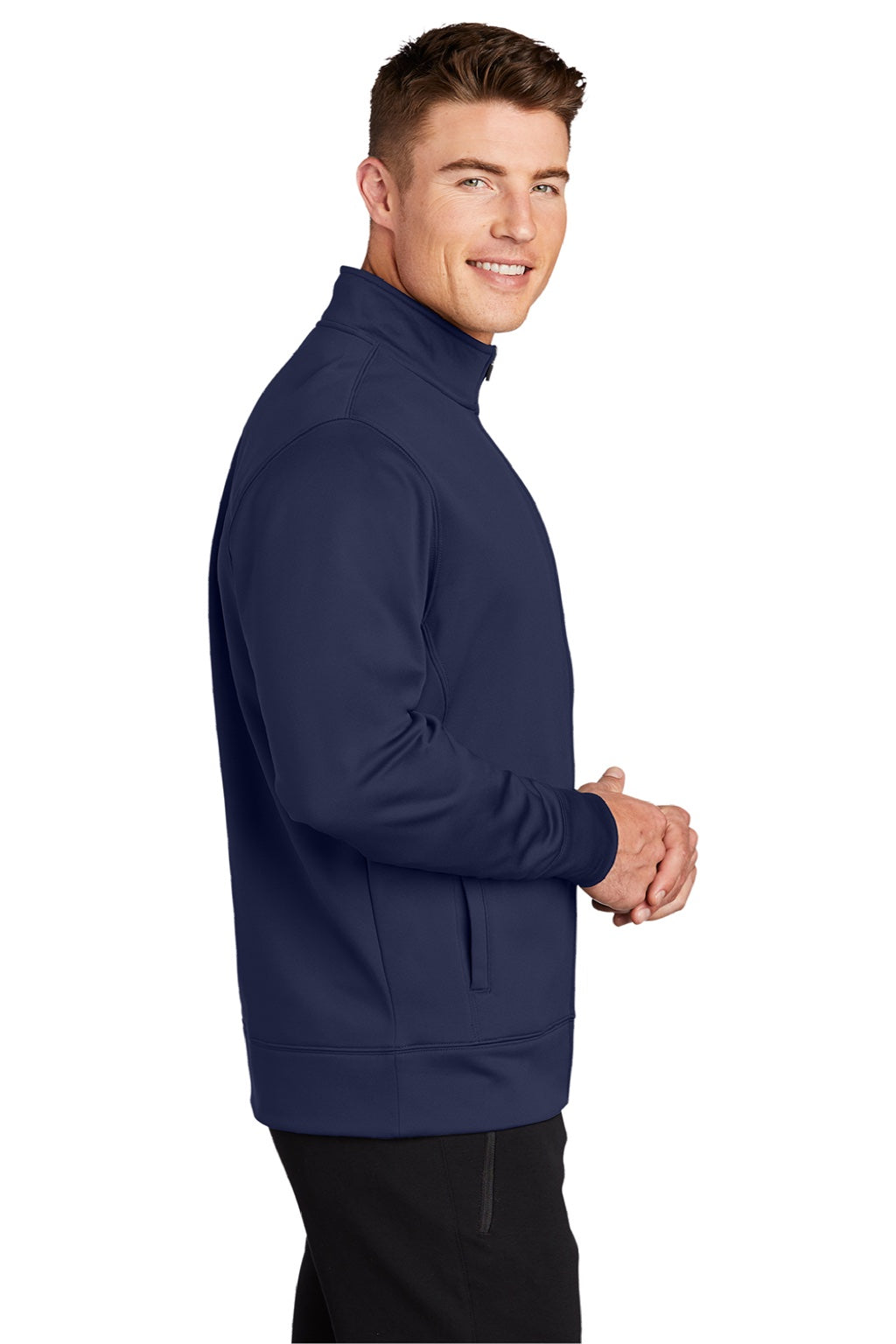 Sport-Tek ST241 Mens Sport-Wick Moisture Wicking Fleece Full Zip Sweatshirt w/ Pockets Navy Blue Model Side