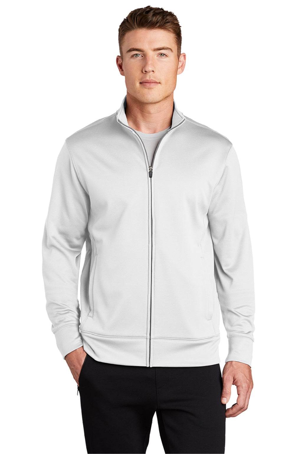 Sport-Tek ST241 Mens Sport-Wick Moisture Wicking Fleece Full Zip Sweatshirt w/ Pockets White Model Front
