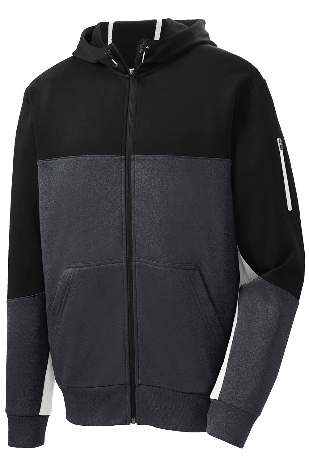 Sport-Tek ST245 Mens Moisture Wicking Full Zip Tech Fleece Hooded Jacket Black/Heather Graphite Grey/White Flat Front