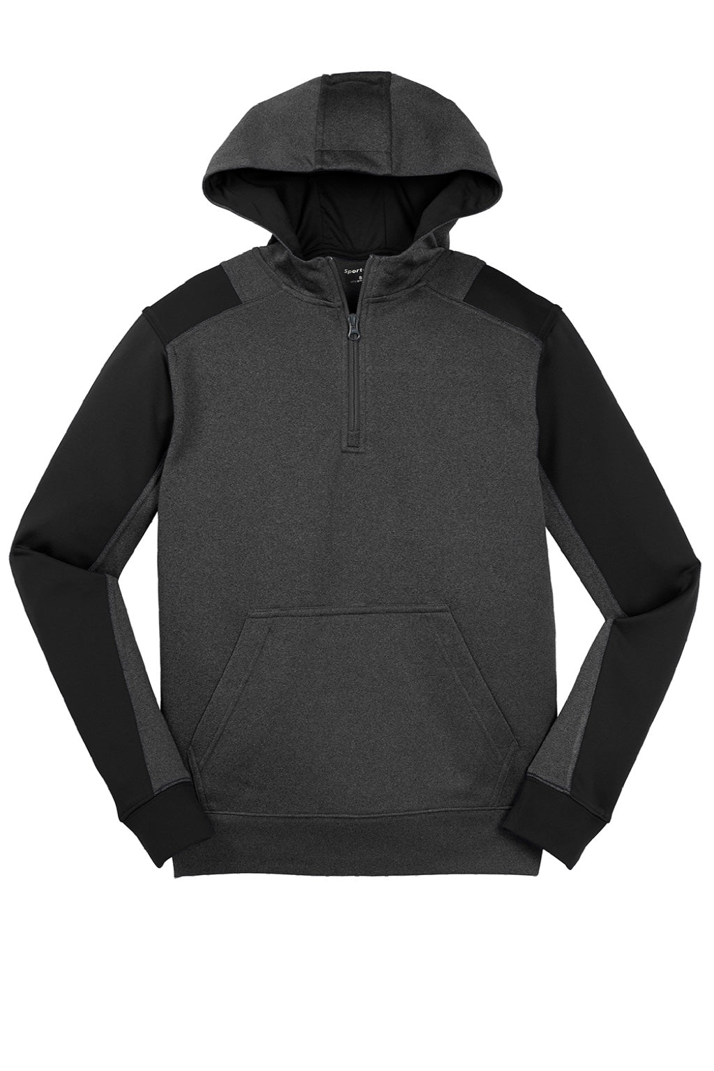 Sport-Tek ST249 Mens Tech Moisture Wicking Fleece 1/4 Zip Hooded Sweatshirt Hoodie w/ Patch Pocket Heather Graphite Grey/Black Flat Front