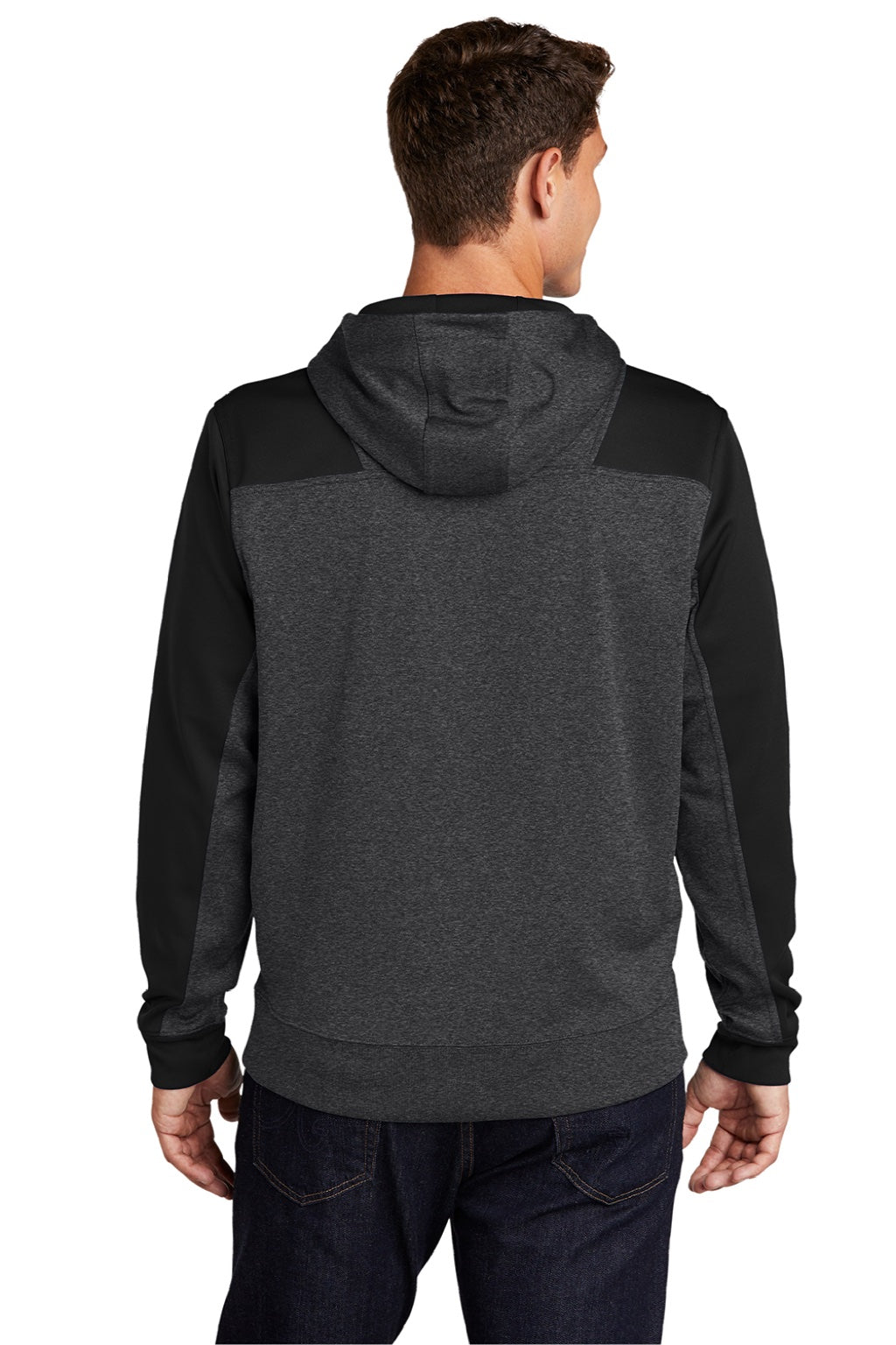 Sport-Tek ST249 Mens Tech Moisture Wicking Fleece 1/4 Zip Hooded Sweatshirt Hoodie w/ Patch Pocket Heather Graphite Grey/Black Model Back
