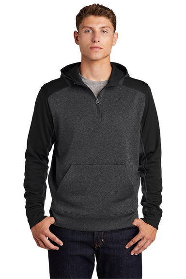 Sport-Tek ST249 Mens Tech Moisture Wicking Fleece 1/4 Zip Hooded Sweatshirt Hoodie w/ Patch Pocket Heather Graphite Grey/Black Model Front