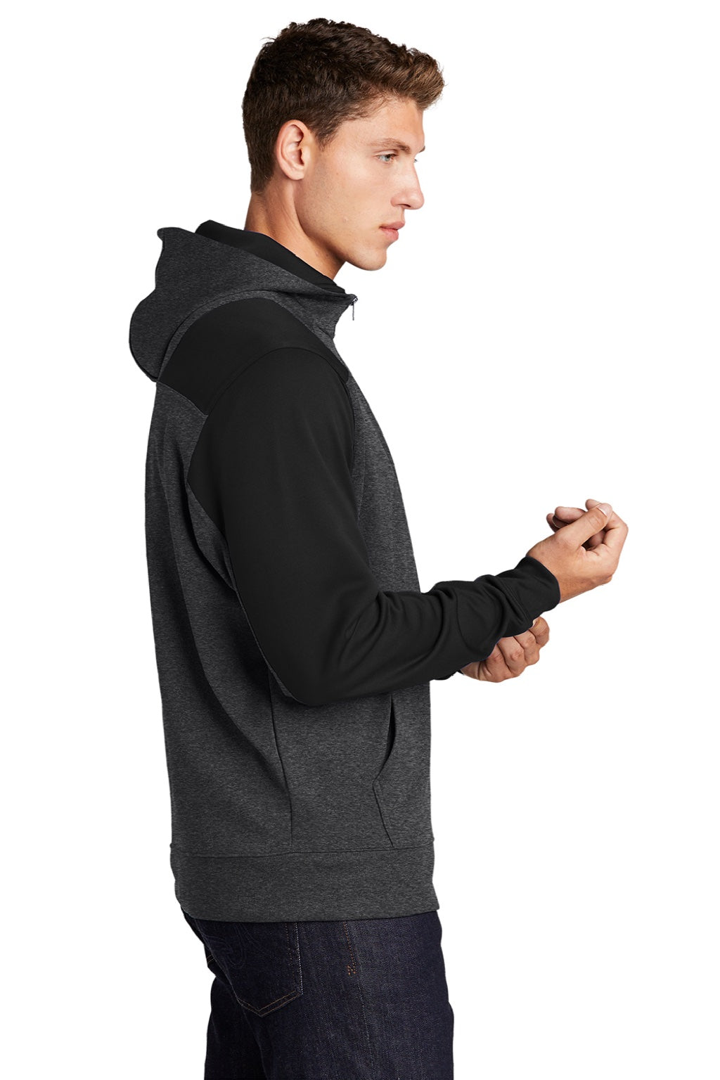 Sport-Tek ST249 Mens Tech Moisture Wicking Fleece 1/4 Zip Hooded Sweatshirt Hoodie w/ Patch Pocket Heather Graphite Grey/Black Model Side