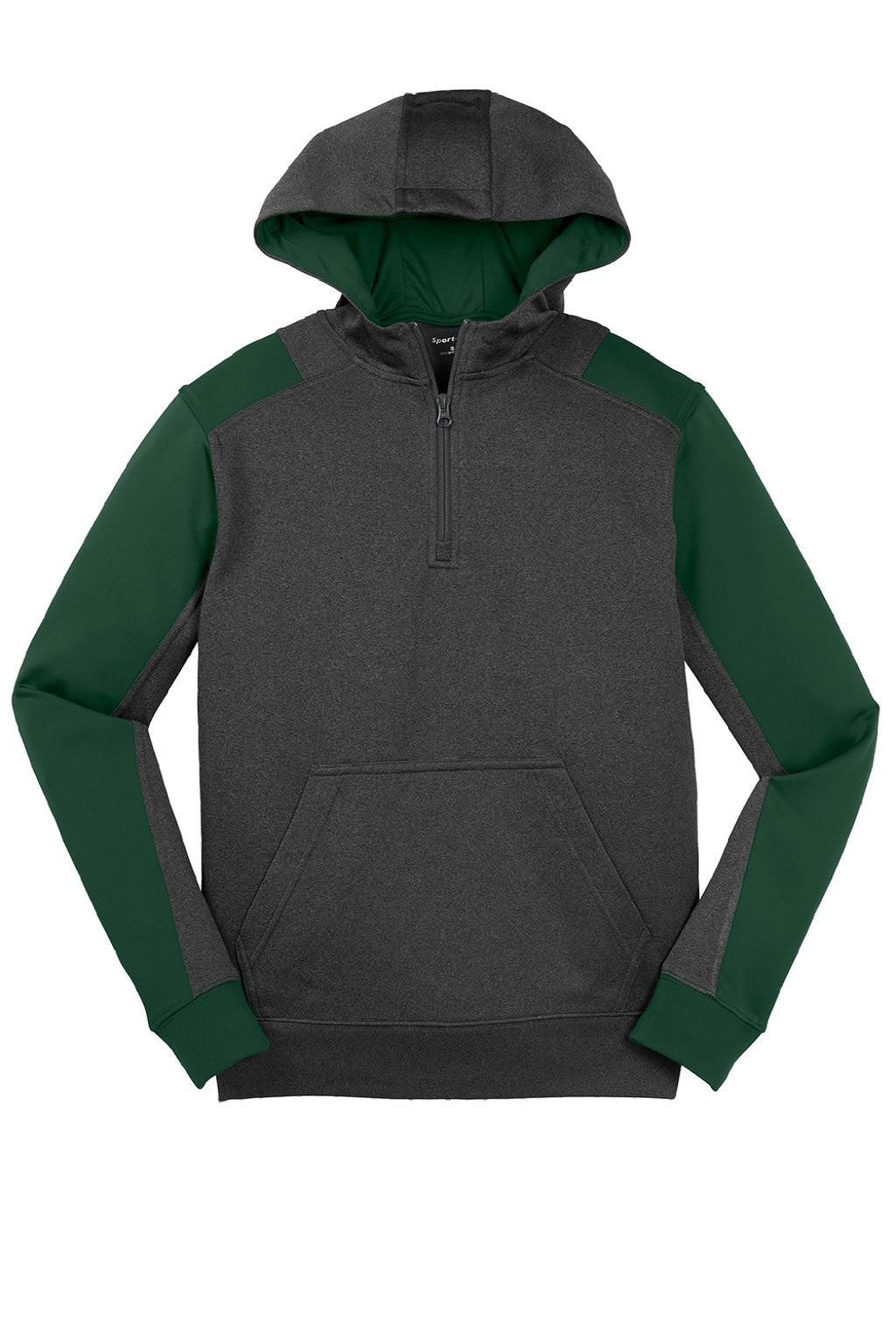 Sport-Tek ST249 Mens Tech Moisture Wicking Fleece 1/4 Zip Hooded Sweatshirt Hoodie w/ Patch Pocket Heather Graphite Grey/Forest Green Flat Front