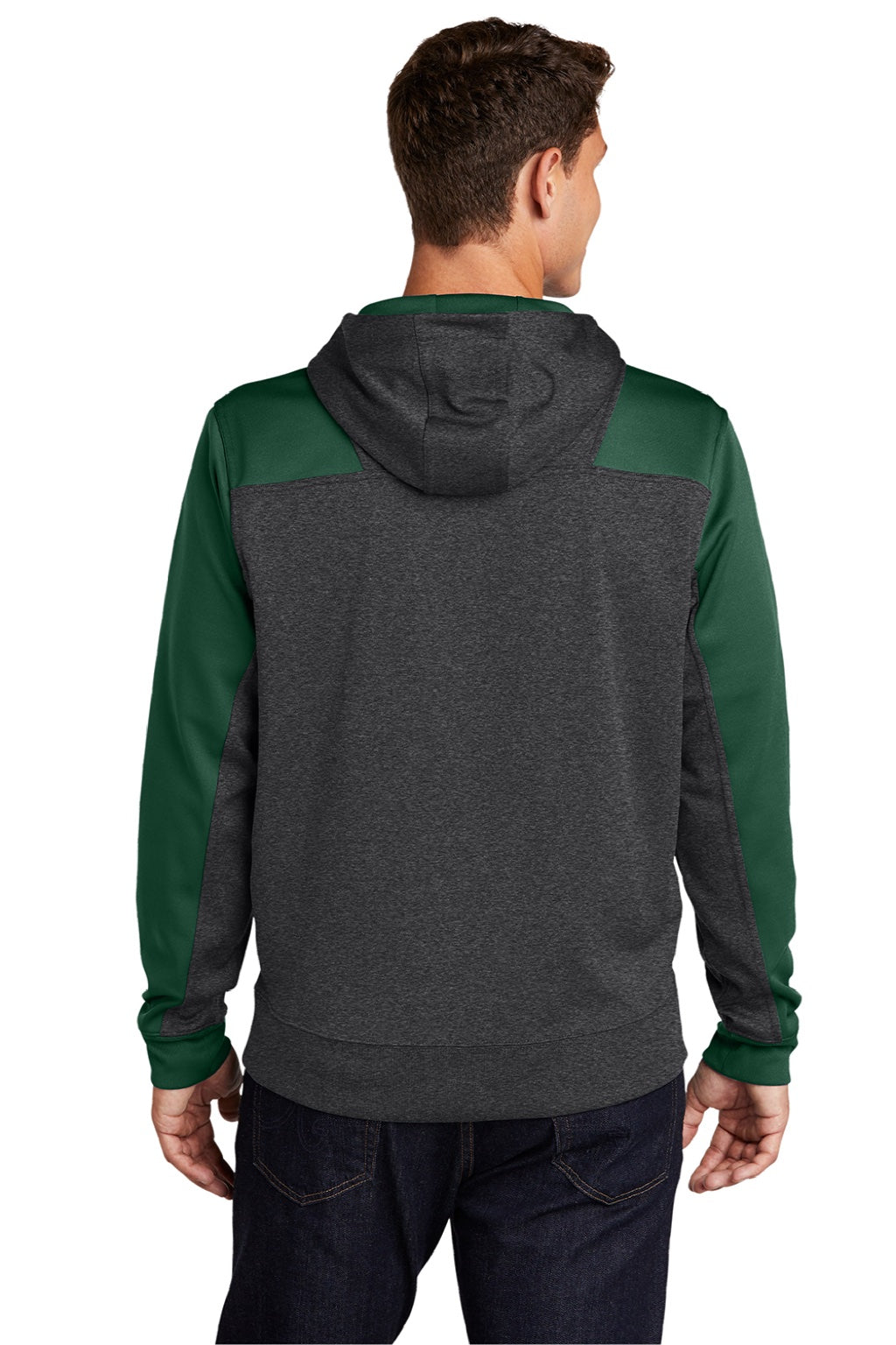 Sport-Tek ST249 Mens Tech Moisture Wicking Fleece 1/4 Zip Hooded Sweatshirt Hoodie w/ Patch Pocket Heather Graphite Grey/Forest Green Model Back