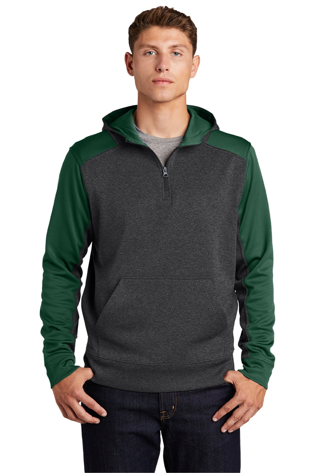 Sport-Tek ST249 Mens Tech Moisture Wicking Fleece 1/4 Zip Hooded Sweatshirt Hoodie w/ Patch Pocket Heather Graphite Grey/Forest Green Model Front