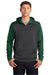 Sport-Tek ST249 Mens Tech Moisture Wicking Fleece 1/4 Zip Hooded Sweatshirt Hoodie w/ Patch Pocket Heather Graphite Grey/Forest Green Model Front