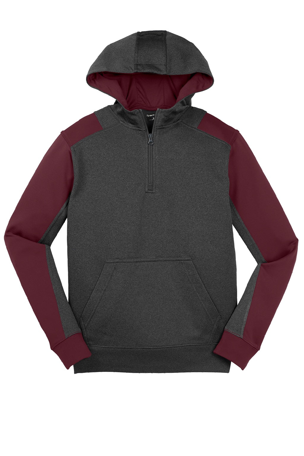 Sport-Tek ST249 Mens Tech Moisture Wicking Fleece 1/4 Zip Hooded Sweatshirt Hoodie w/ Patch Pocket Heather Graphite Grey/Maroon Flat Front