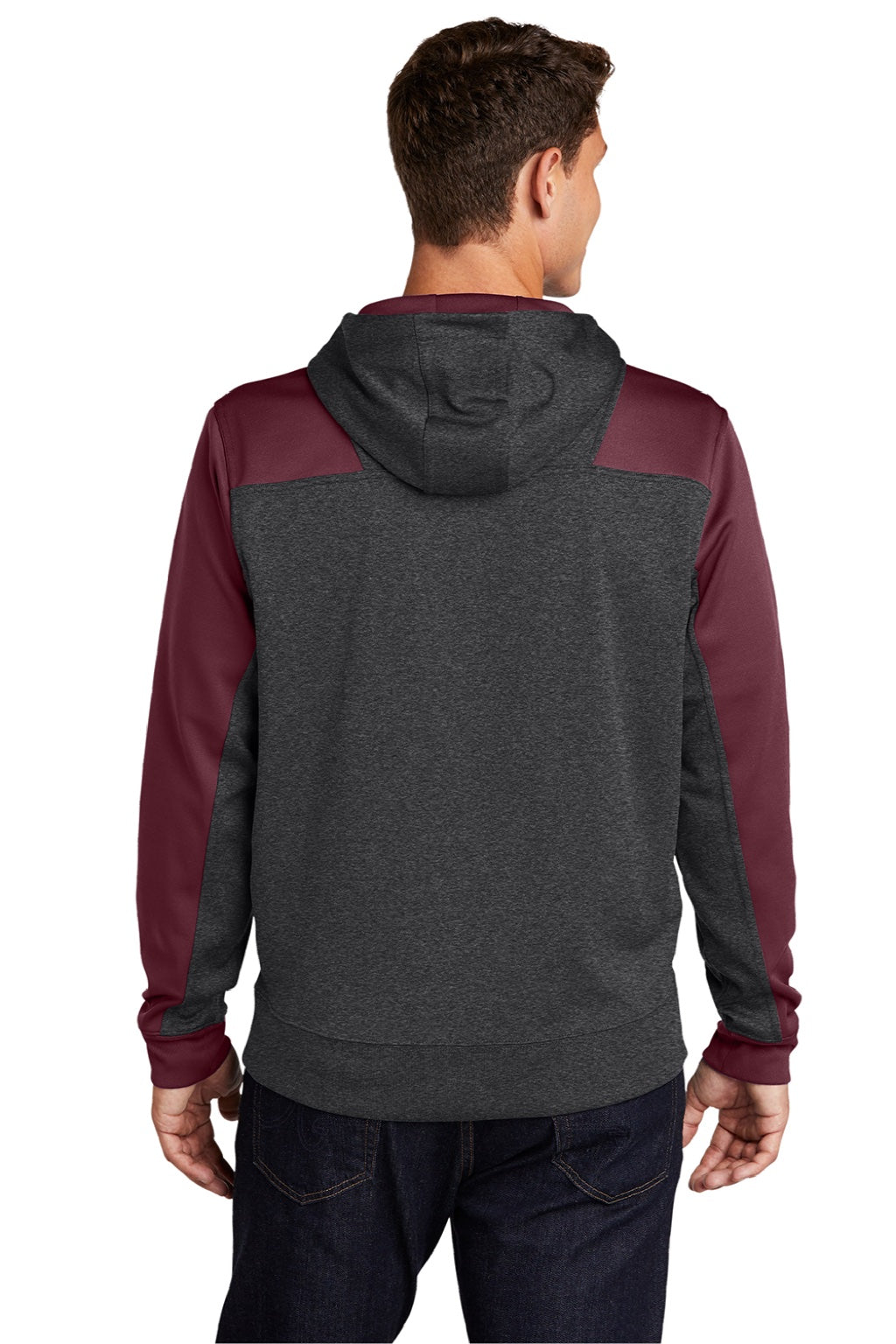 Sport-Tek ST249 Mens Tech Moisture Wicking Fleece 1/4 Zip Hooded Sweatshirt Hoodie w/ Patch Pocket Heather Graphite Grey/Maroon Model Back