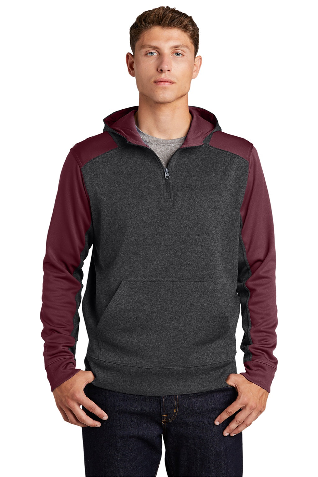 Sport-Tek ST249 Mens Tech Moisture Wicking Fleece 1/4 Zip Hooded Sweatshirt Hoodie w/ Patch Pocket Heather Graphite Grey/Maroon Model Front