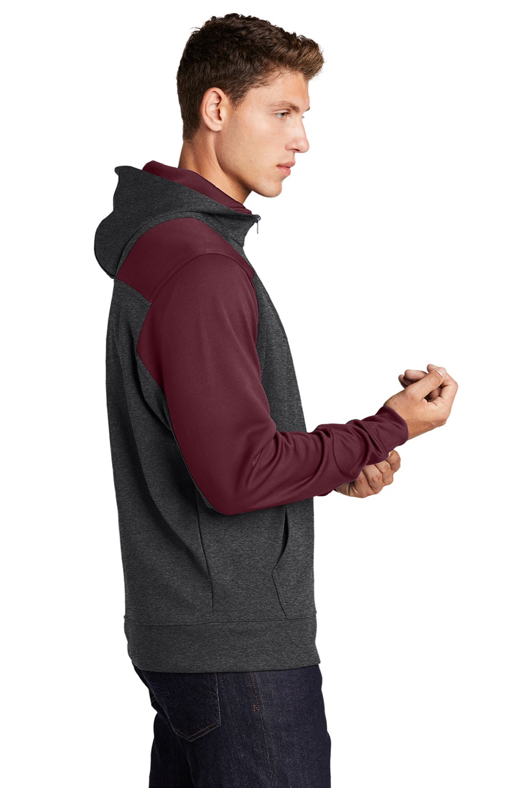Sport-Tek ST249 Mens Tech Moisture Wicking Fleece 1/4 Zip Hooded Sweatshirt Hoodie w/ Patch Pocket Heather Graphite Grey/Maroon Model Side