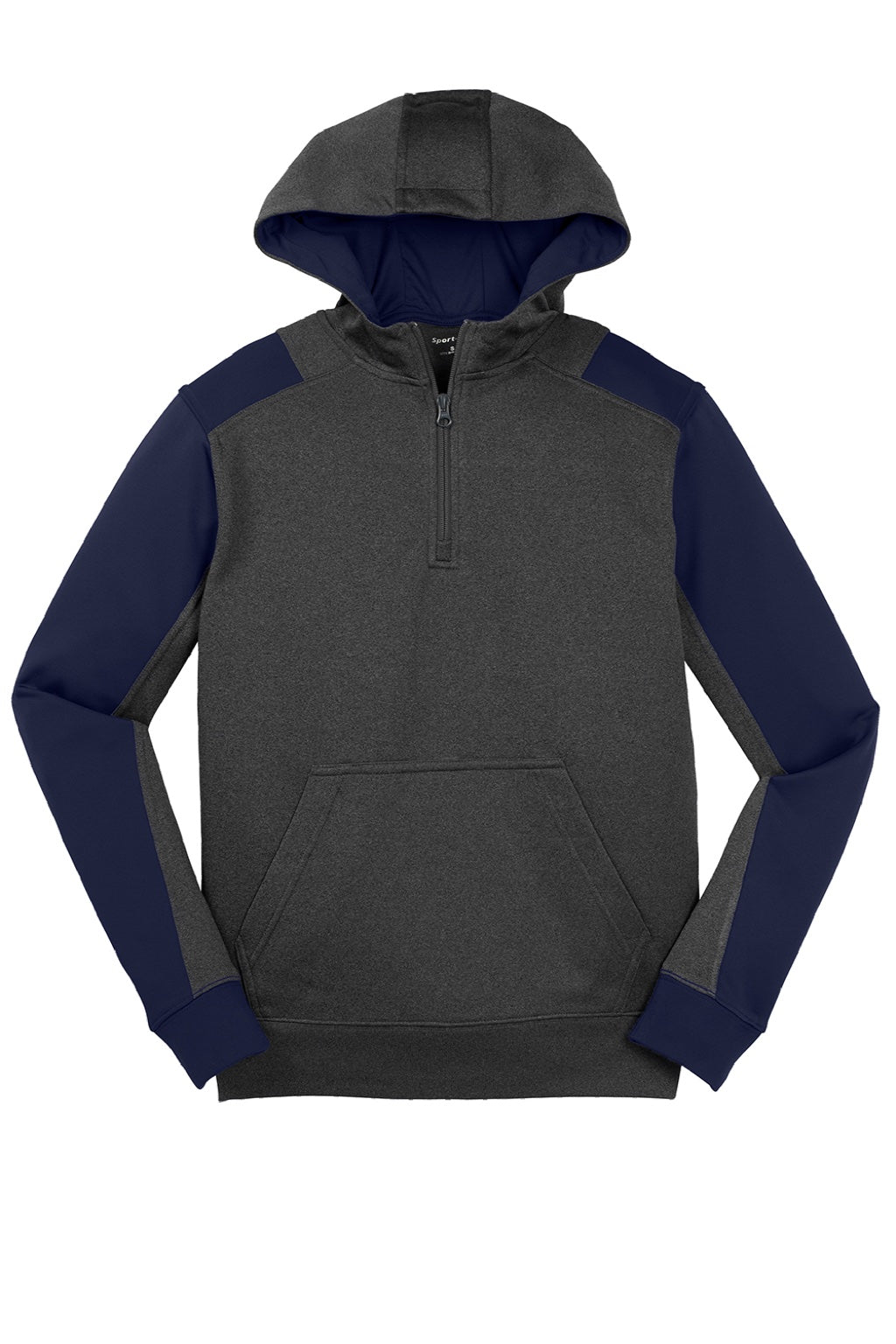 Sport-Tek ST249 Mens Tech Moisture Wicking Fleece 1/4 Zip Hooded Sweatshirt Hoodie w/ Patch Pocket Heather Graphite Grey/True Navy Blue Flat Front