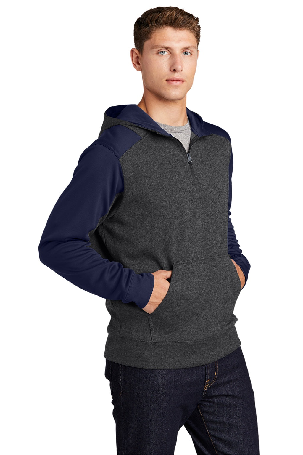 Sport-Tek ST249 Mens Tech Moisture Wicking Fleece 1/4 Zip Hooded Sweatshirt Hoodie w/ Patch Pocket Heather Graphite Grey/True Navy Blue Model 3q