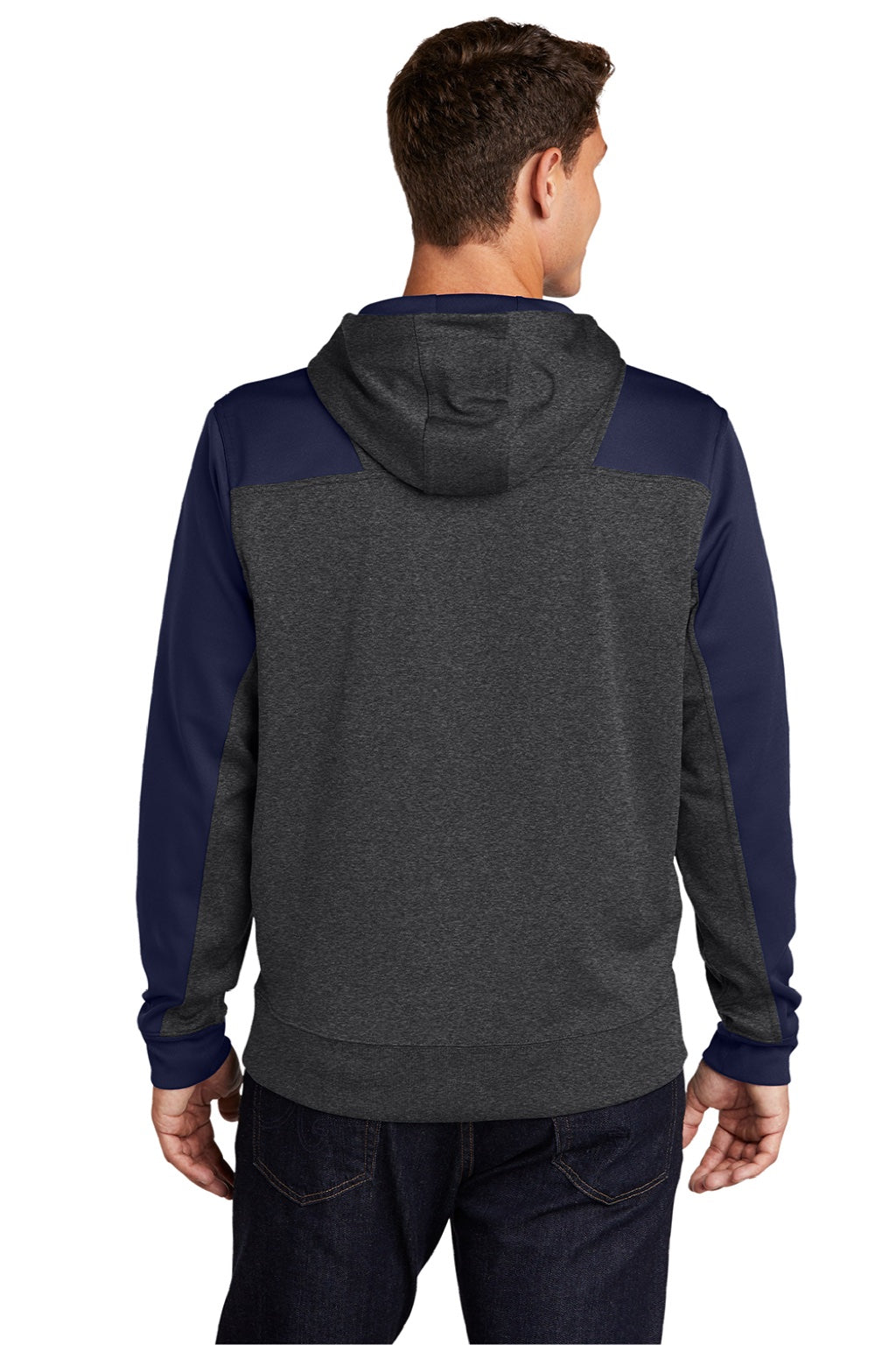 Sport-Tek ST249 Mens Tech Moisture Wicking Fleece 1/4 Zip Hooded Sweatshirt Hoodie w/ Patch Pocket Heather Graphite Grey/True Navy Blue Model Back