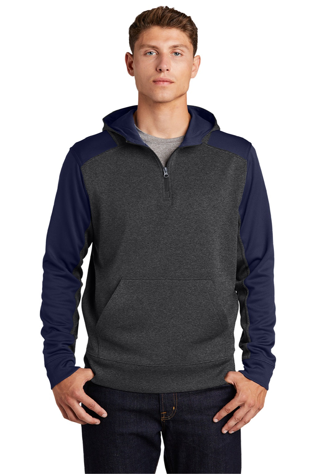 Sport-Tek ST249 Mens Tech Moisture Wicking Fleece 1/4 Zip Hooded Sweatshirt Hoodie w/ Patch Pocket Heather Graphite Grey/True Navy Blue Model Front