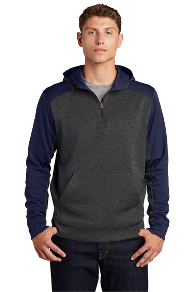 Sport-Tek ST249 Mens Tech Moisture Wicking Fleece 1/4 Zip Hooded Sweatshirt Hoodie w/ Patch Pocket Heather Graphite Grey/True Navy Blue Model Front