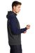Sport-Tek ST249 Mens Tech Moisture Wicking Fleece 1/4 Zip Hooded Sweatshirt Hoodie w/ Patch Pocket Heather Graphite Grey/True Navy Blue Model Side