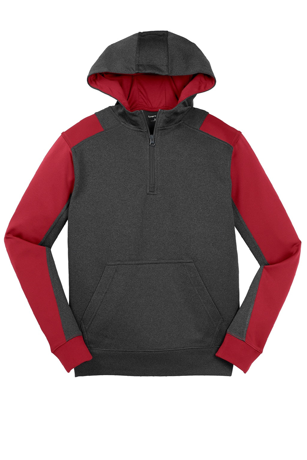 Sport-Tek ST249 Mens Tech Moisture Wicking Fleece 1/4 Zip Hooded Sweatshirt Hoodie w/ Patch Pocket Heather Graphite Grey/True Red Flat Front
