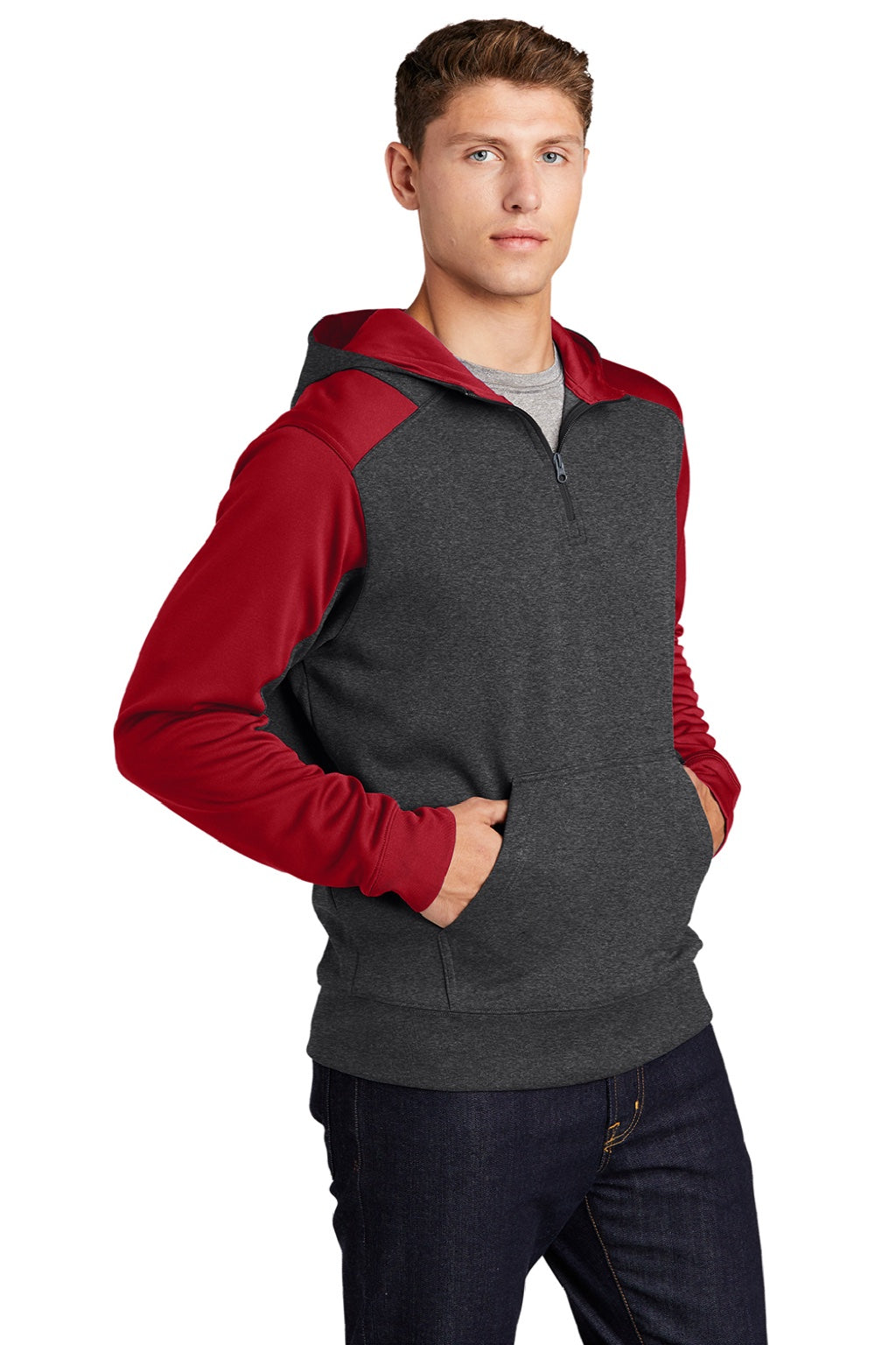 Sport-Tek ST249 Mens Tech Moisture Wicking Fleece 1/4 Zip Hooded Sweatshirt Hoodie w/ Patch Pocket Heather Graphite Grey/True Red Model 3q