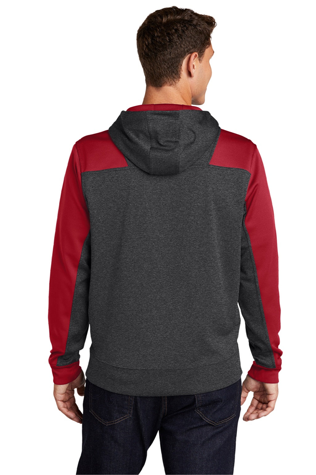 Sport-Tek ST249 Mens Tech Moisture Wicking Fleece 1/4 Zip Hooded Sweatshirt Hoodie w/ Patch Pocket Heather Graphite Grey/True Red Model Back